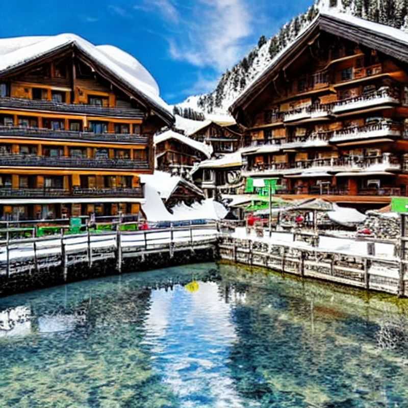 Duas pessoas esquiando nas majestosas montanhas de Verbier, Suíça, durante as férias de primavera. A neve derretida revela um cenário deslumbrante para desfrutar enquanto o sol brilha sobre a paisagem alpina.