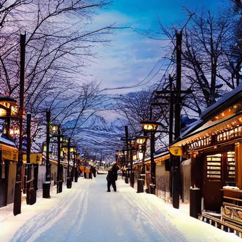 Casal aproveitando a vista exuberante das cerejeiras em flor em Sapporo Teine, Japão, durante as férias da primavera, com as montanhas ainda cobertas de neve ao fundo. Um contraste perfeito da beleza da primavera japonesa.