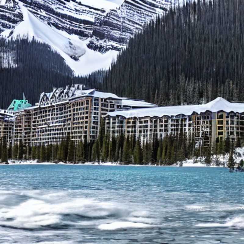 Casal apreciando a paisagem deslumbrante do Lago Louise em Banff, Canadá, com as montanhas ainda cobertas de neve e o lago começando a descongelar, aproveitando ao máximo as atividades de primavera durante as férias.