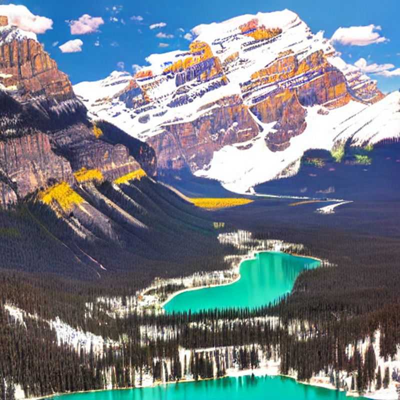 Casal admirando a paisagem deslumbrante de Banff-Lake Louise, no Canadá, com as montanhas ainda cobertas de neve e o lago esmeralda começando a descongelar, uma aventura inesquecível de primavera.