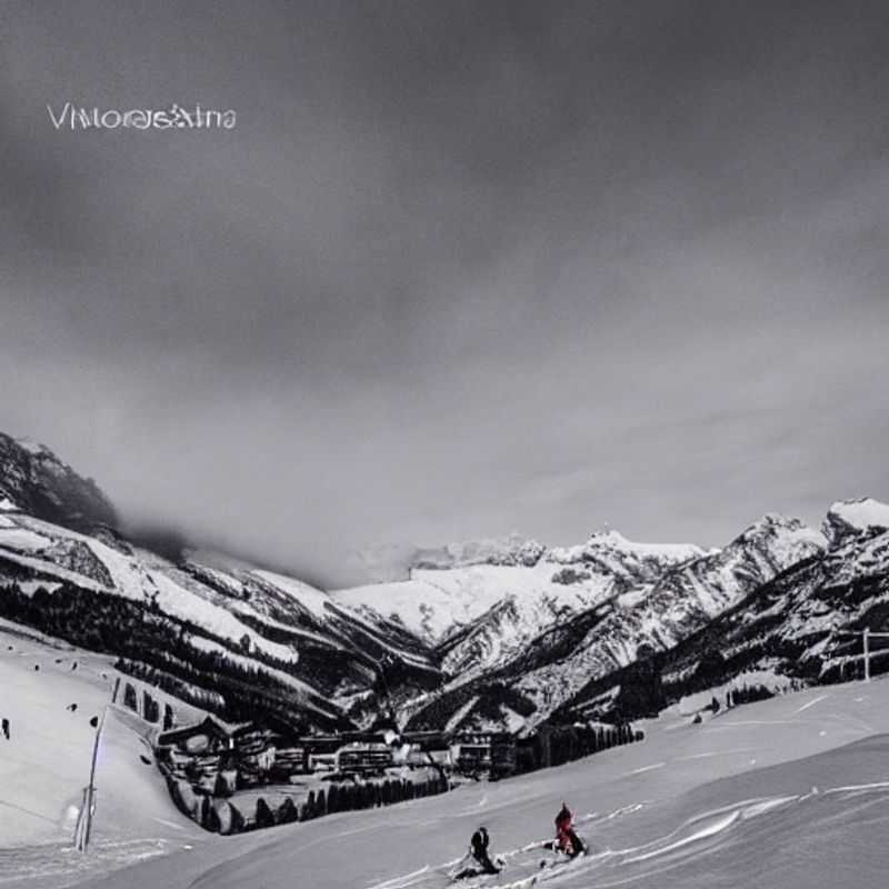 Dos amigos disfrutando de la majestuosa belleza de Val d'Isere, Francia durante las vacaciones de primavera.
