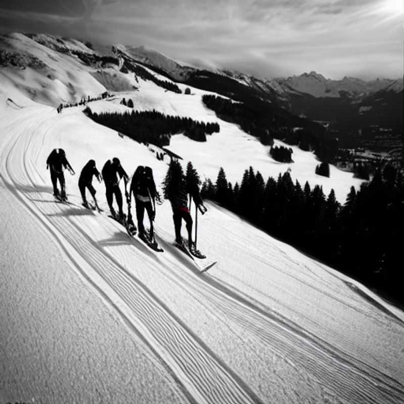 Casais curtindo a vista alpina deslumbrante de Gstaad Mountain Rides, na Suíça, durante o *spring break*, com montanhas cobertas de neve e sol da primavera. Uma aventura inesquecível nas alturas!