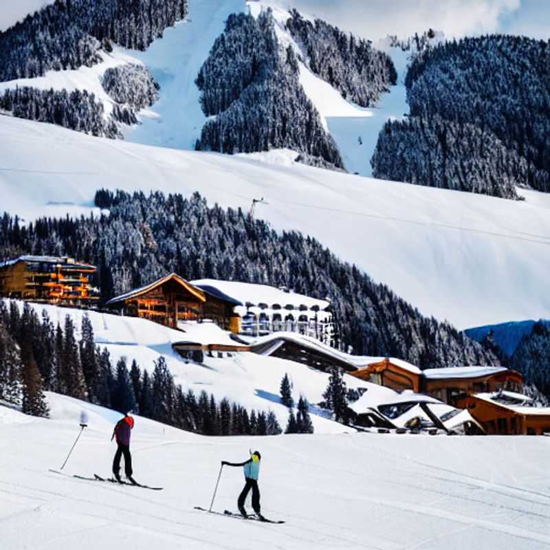Vista panorâmica de Axamer Lizum, Áustria, em plena primavera, mostrando as montanhas ainda com neve contrastando com o verde vibrante dos vales, ideal para atividades de aventura e relaxamento durante as férias da primavera.