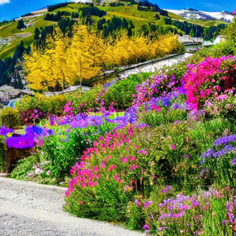 Casais e famílias aproveitando o sol da primavera nas pistas de Méribel, França, com as montanhas floridas oferecendo um cenário deslumbrante para as férias da primavera.