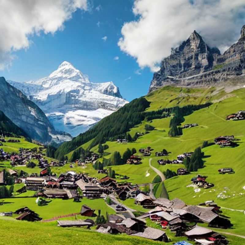 Casais apreciando a vista alpina de Grindelwald, na Suíça, com os campos floridos e montanhas imponentes, curtindo ao máximo o seu feriado de primavera.