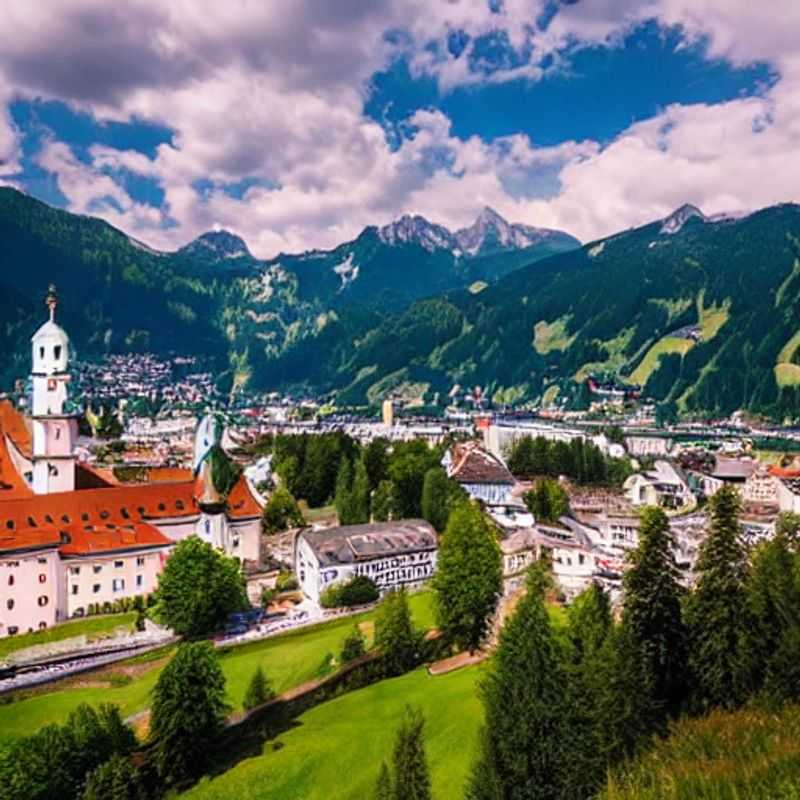 Duas pessoas brindando com canecas de cerveja, com as montanhas florescendo e o sol da primavera brilhando ao fundo em Schladming, Áustria, durante as férias da primavera.