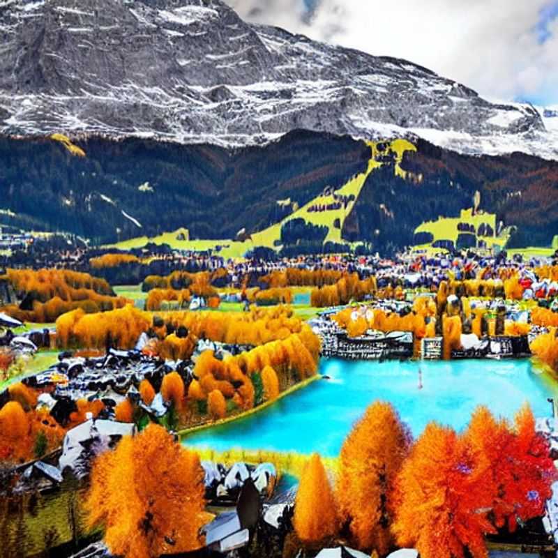 Casais e famílias aproveitando o sol da primavera em Davos Klosters, com picos nevados e chalés charmosos criando o cenário perfeito para umas férias inesquecíveis na Suíça.