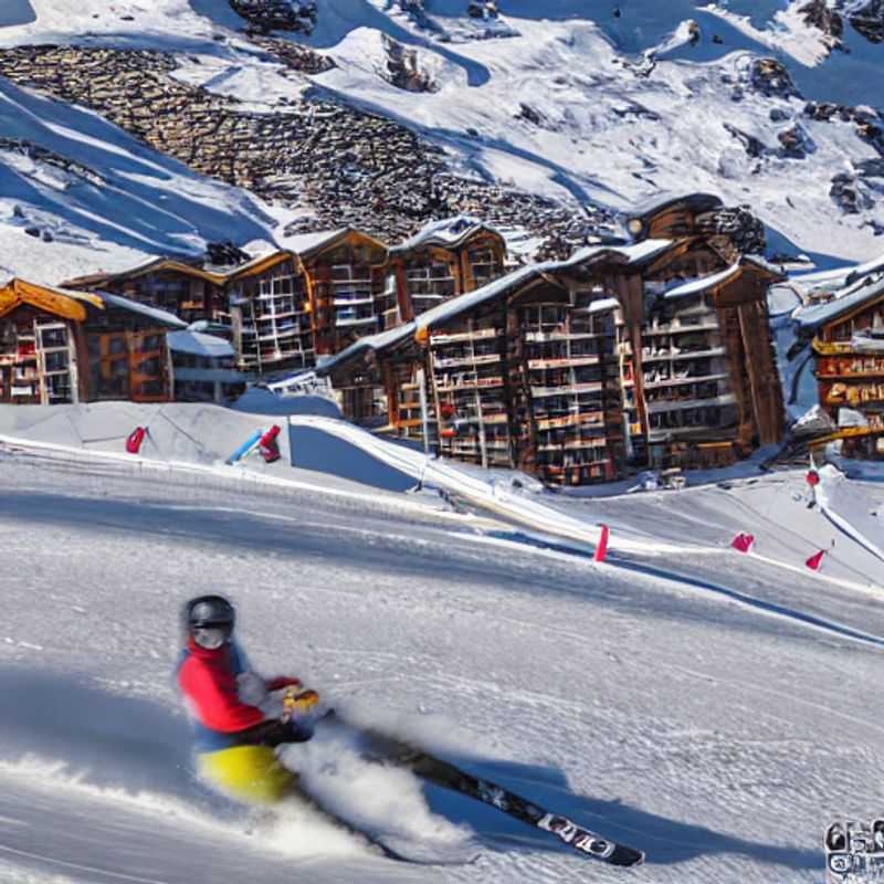 Esquiadores disfrutando del sol primaveral en las pistas nevadas de Val Thorens, Francia, durante las vacaciones de primavera.