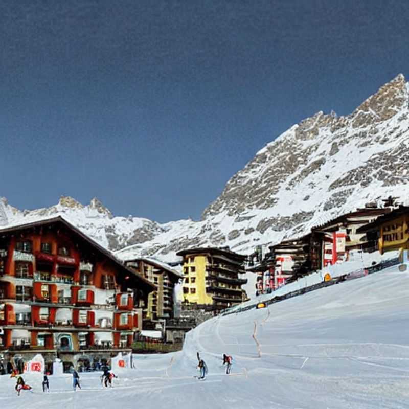 Casais esquiando sob o sol da primavera em Cervinia, Itália, com o Matterhorn imponente ao fundo - um dia perfeito para aventuras na neve durante as férias da primavera! (Couples skiing under the spring sun in Cervinia, Italy, with the majestic Matterhorn in the background - a perfect day for snow adventures during spring break!)