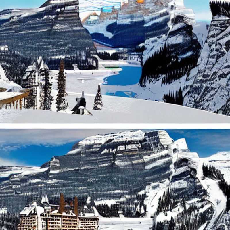 Casais deslizando pelas encostas ensolaradas do Lake Louise Ski Resort, no Canadá, aproveitando ao máximo o espírito vibrante do Spring Break na neve.