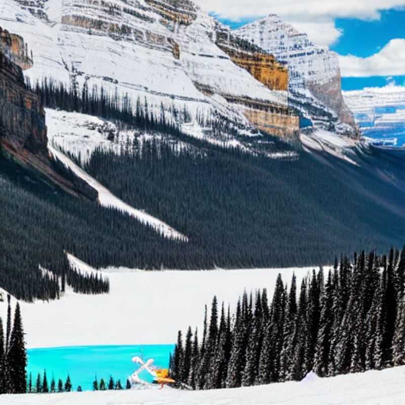 Deux skieurs dévalent les pistes enneigées de Lake Louise Ski Resort, au Canada, profitant du soleil printanier et des paysages spectaculaires lors des vacances de printemps.