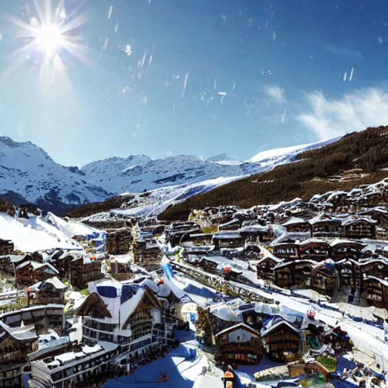 Esquiadores disfrutando del sol primaveral en las pistas nevadas de Val Thorens, Francia, durante las vacaciones de primavera.