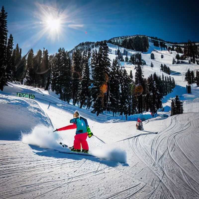 Deux amis dévalant les pentes ensoleillées de Squaw Valley, profitant de l'excitation du ski de printemps lors de leur 'spring break'. (Two friends schussing down the sunny slopes of Squaw Valley, enjoying the excitement of spring skiing during their 'spring break'.)