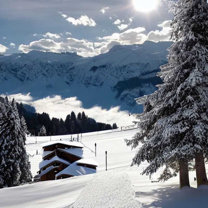 Duas crianças sorrindo enquanto esquiam em Villars-sur-Ollon, Suíça, com o sol da primavera brilhando e montanhas nevadas ao fundo, durante as férias da primavera.