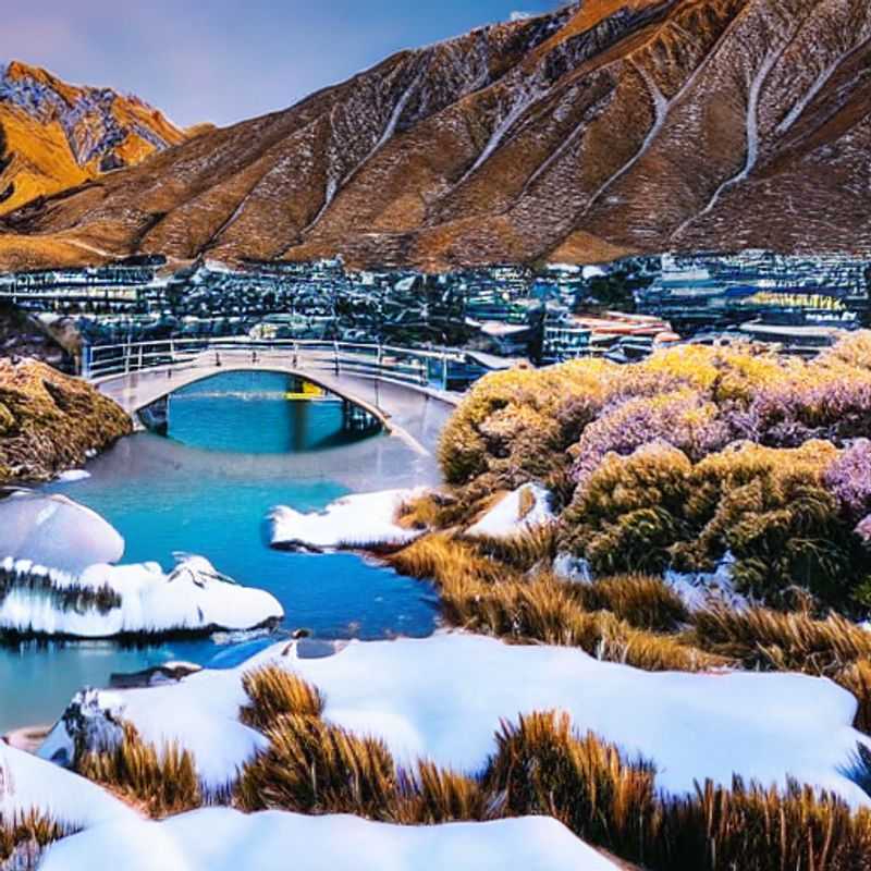 Casal aproveitando a vista espetacular de The Remarkables, Nova Zelândia, com as montanhas ainda cobertas de neve e flores da primavera começando a despontar, durante as férias da primavera. Uma aventura inesquecível!