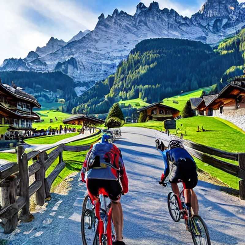 Dois amigos admirando a vista deslumbrante das Gstaad Mountain Rides na primavera, um mar de verde salpicado de flores alpinas, perfeito para uma aventura inesquecível durante as férias da primavera.