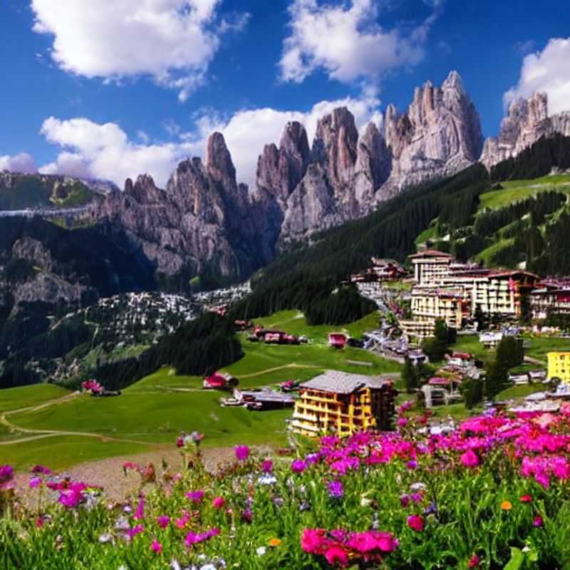 Casais aventureiros desfrutando das trilhas floridas e das vistas deslumbrantes de Val Gardena, Itália, durante as férias da primavera, com os Dolomitas como um cenário épico.