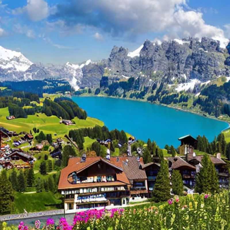Vista deslumbrante dos Gstaad Mountain Rides, na Suíça, com a neve a derreter e a vegetação a despertar, um convite à aventura durante as férias da primavera.