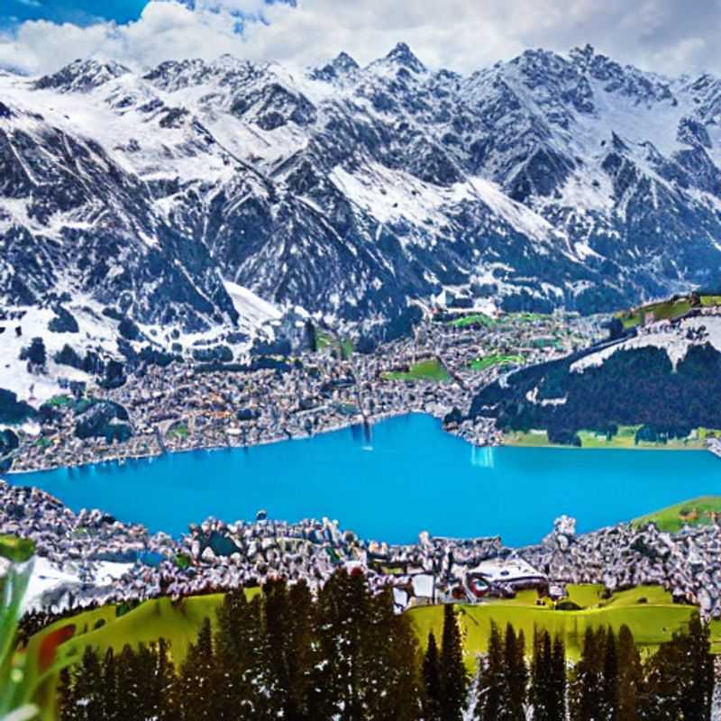 Casal admirando a paisagem alpina de St. Moritz, Suíça, durante as férias da primavera, com montanhas cobertas de neve contrastando com o verde vibrante dos vales.