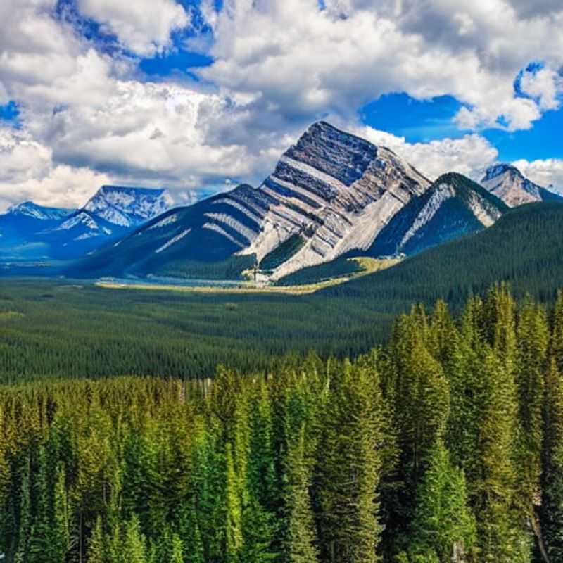 Duas pessoas admirando a vista exuberante do Monte Norquay, Canadá, durante as férias da primavera: neve derretendo, paisagens verdes e aventuras na montanha.