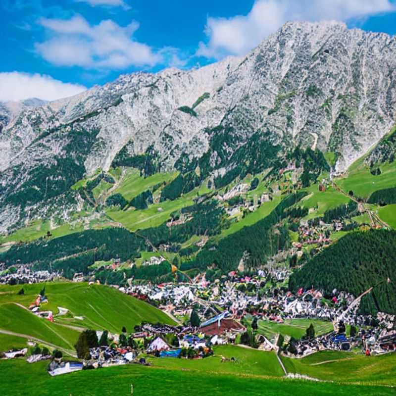 Vista panorâmica de Axamer Lizum, Áustria, em plena primavera, mostrando as montanhas ainda com neve contrastando com o verde vibrante dos vales, ideal para atividades de aventura e relaxamento durante as férias da primavera.