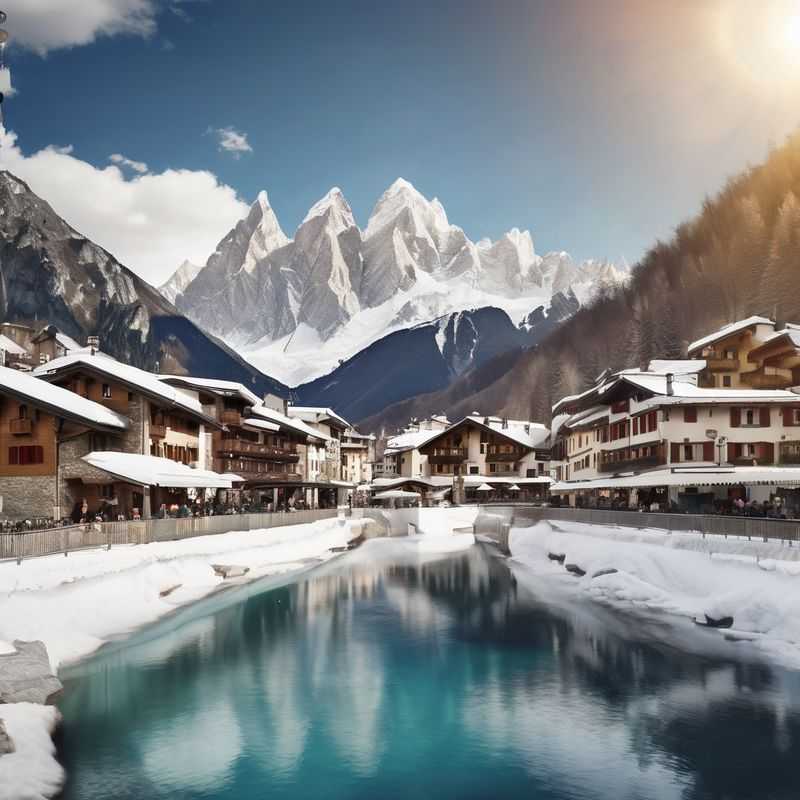 Vue panoramique des majestueuses montagnes enneigées entourant le charmant village de Courmayeur, Italie, un havre de paix hivernal.