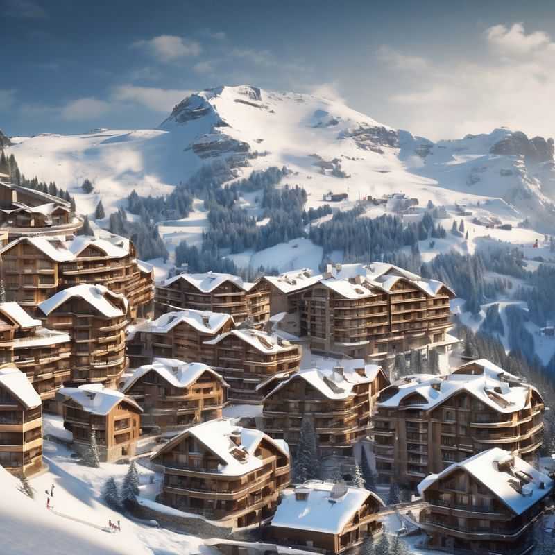 Pueblo peatonal de Avoriaz, Francia, bañado por el sol con sus icónicos edificios de madera y balcones nevados, perfecto para unas vacaciones de esquí.