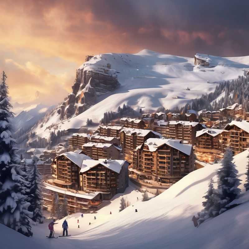 Pueblo peatonal de Avoriaz, Francia, bañado por el sol con sus icónicos edificios de madera y balcones nevados, perfecto para unas vacaciones de esquí.