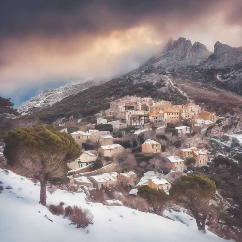 A hiker traverses a rugged, rocky section of the GR20 trail in Corsica, France, with dramatic mountain scenery stretching into the distance.