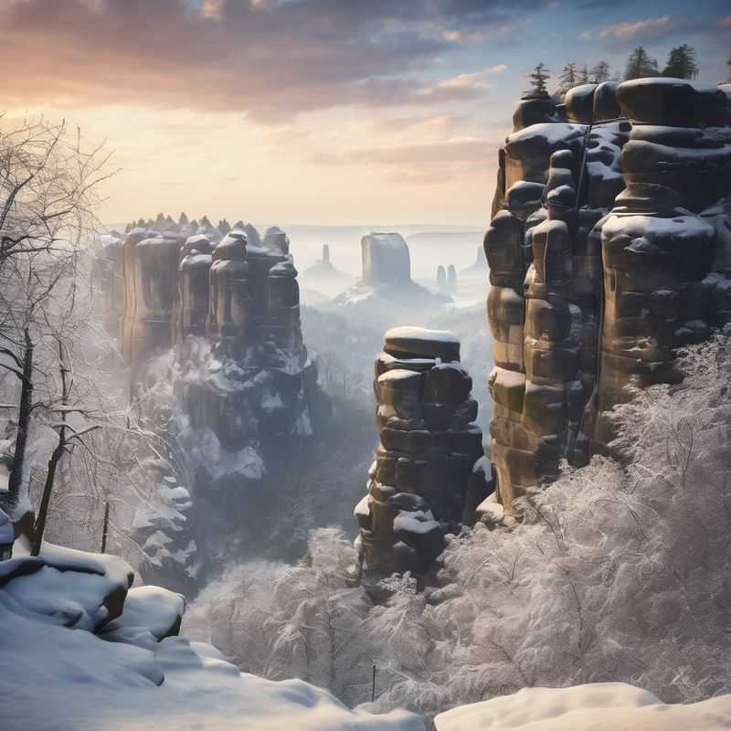Majestic sandstone rock formations of Saxon Switzerland National Park, Germany, bathed in golden hour light, beckoning explorers to discover its hidden trails and ancient legends.