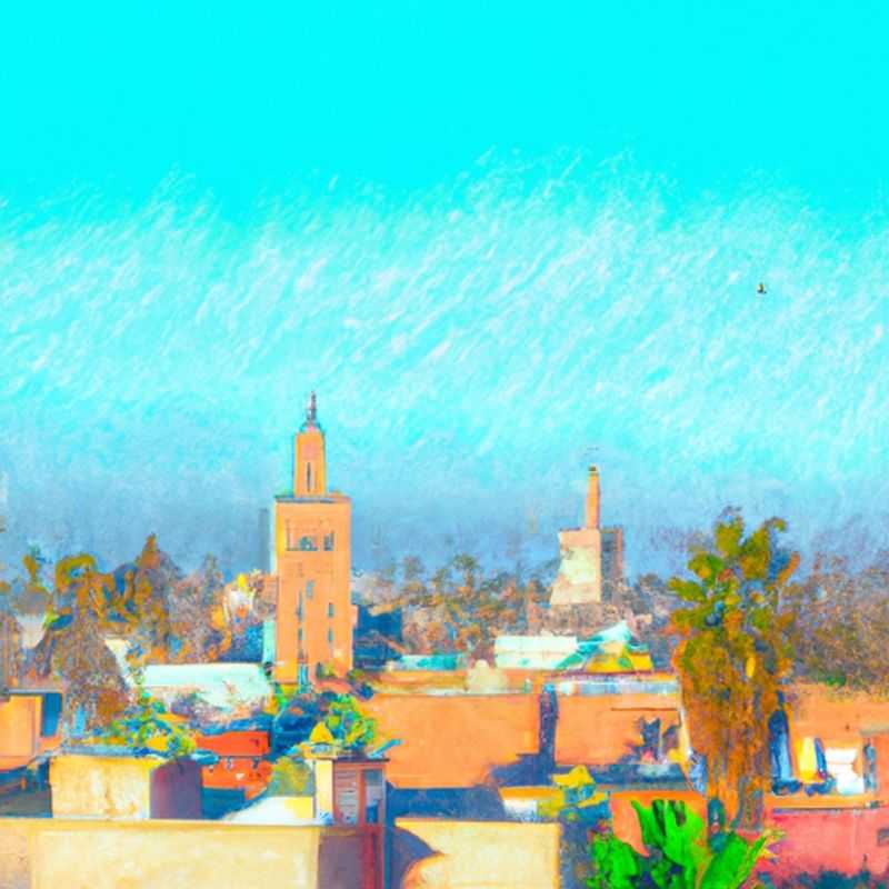 Four digital nomads, their laptops perched on a vibrant outdoor café table in the heart of Marrakech, Morocco, embrace the city's bohemian spirit during their 3-day winter sojourn, blending work and play amidst the city's enchanting souks and bustling squares.