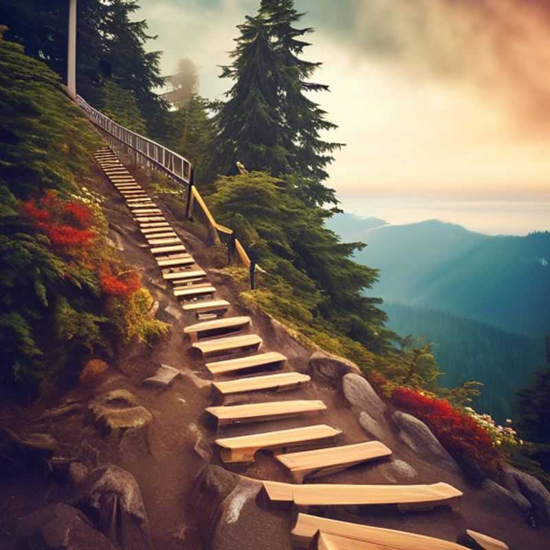 Un grupo de cuatro mochileros, The Romantic Traveler, disfruta de una caminata desafiante en el Grouse Grind, Vancouver, Canadá, durante la transición entre el verano y el otoño. La imagen muestra la belleza natural del sendero mientras los aventureros disfrutan del aire fresco y las vistas panorámicas.