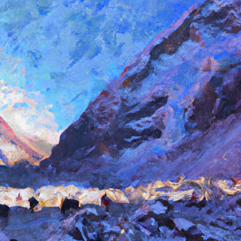 A lone traveler stands amidst the awe-inspiring grandeur of Mount Everest Base Camp in Nepal, surrounded by snow-capped peaks that pierce the heavens. Captured during a solitary 2-week winter trek, this image conveys the solitude and serenity of this iconic Himalayan destination.