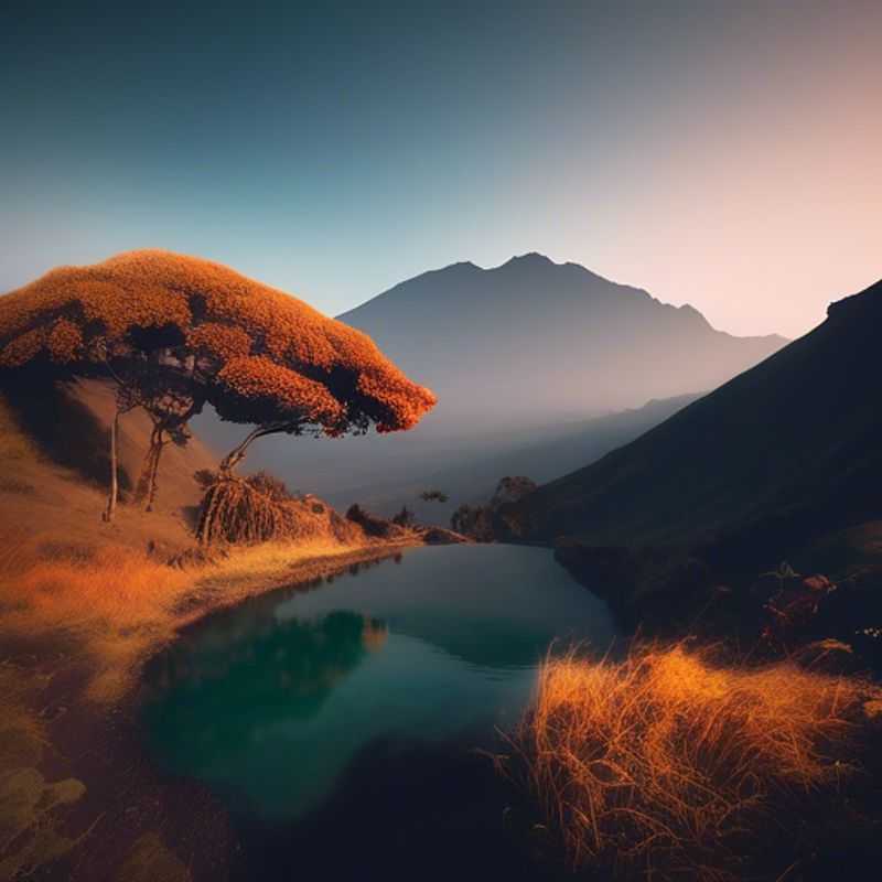 Quatre randonneurs du groupe The Cultural Explorer admirant la majesté du Mont Rinjani, en Indonésie, lors de leur aventure de deux semaines à l'automne, entourés de paysages époustouflants et de culture locale.