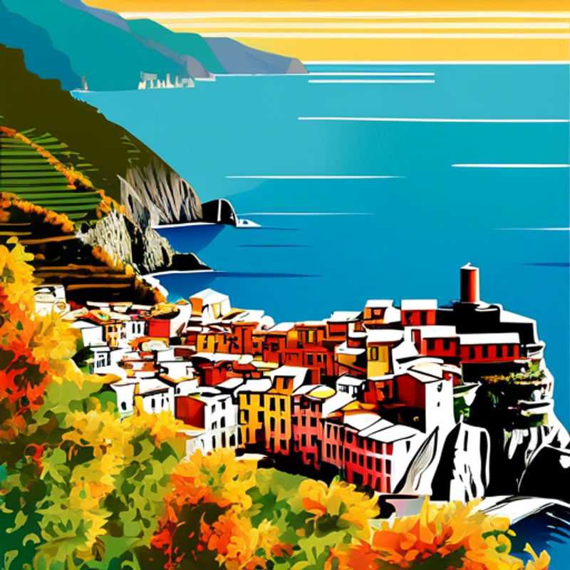 Un voyageur en solo explorant les charmantes maisons colorées de Cinque Terre, en Italie, pendant une semaine entre l'été et l'automne, avec un sac à dos et une vue imprenable sur la mer.