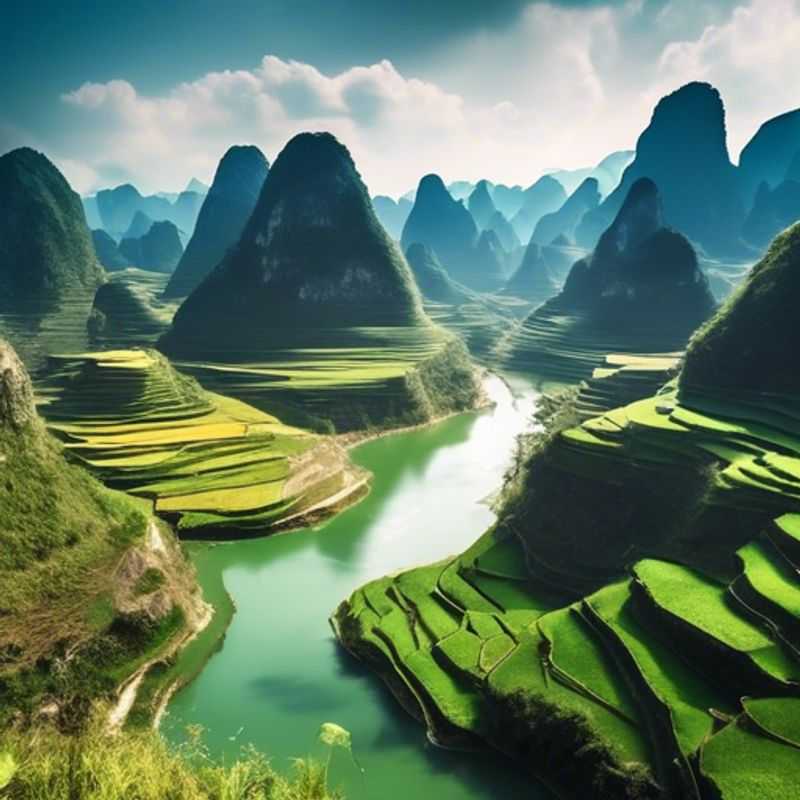 Un groupe de six nomades numériques explorant le spectaculaire Loop de Ha Giang, au Vietnam, entouré de paysages montagneux luxuriants et de rizières, lors de leur voyage de deux semaines entre l'été et l'automne.