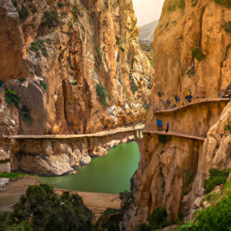 Four intrepid adventurers traverse the breathtaking Caminito del Rey, a thrilling cliffside walkway nestled amidst the stunning natural beauty of Spain's El Chorro gorge, during their unforgettable 2-week sojourn between winter and spring.
