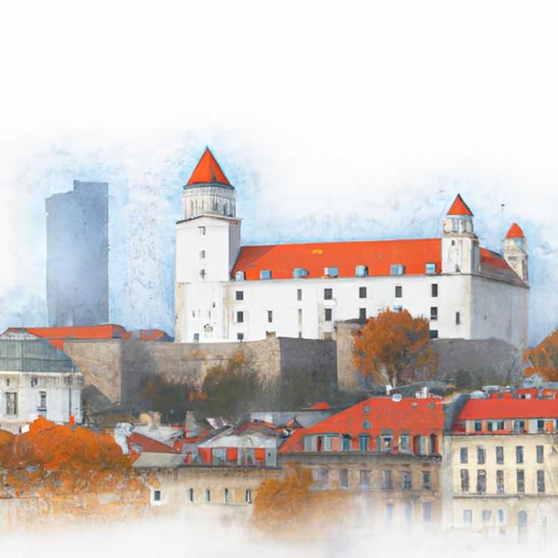 Four friends marvel at the captivating beauty of Bratislava Castle, its historic grandeur standing tall against the vibrant autumn foliage, during their four-day exploration of Bratislava, Slovakia.