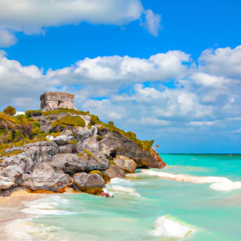 A solo digital nomad immerses themselves in the vibrant culture and natural beauty of Tulum, Mexico, during a 5-day autumn retreat. The image captures the traveler basking in the warm glow of sunset, surrounded by the ancient Mayan ruins and the turquoise waters of the Caribbean Sea.