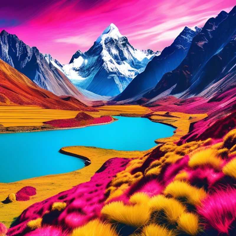 Uma mochila solo, um viajante digital e nômade de luxo apreciando a beleza deslumbrante do Circuito Huayhuash no Peru. Montanhas imponentes e picos nevados se erguem contra o céu azul outonal, enquanto o viajante se prepara para uma semana de aventura em um dos trekkings mais espetaculares da América do Sul.