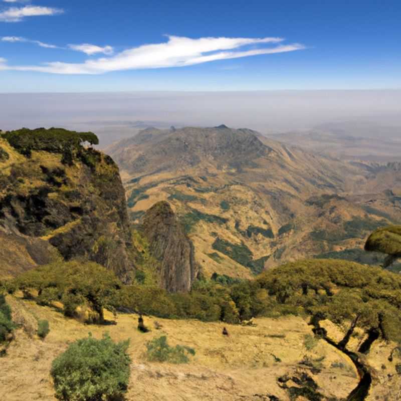 Four adventurers traversing the breathtaking Simien Mountains in Ethiopia, their spirits soaring amidst the awe-inspiring peaks and otherworldly landscapes, during their week-long journey between summer and fall.