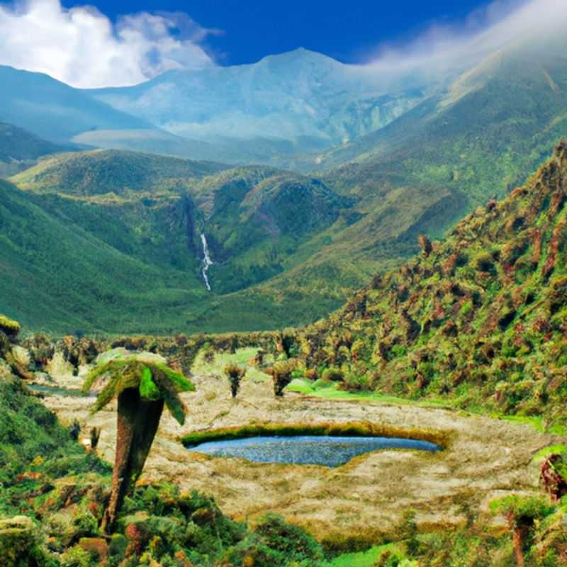 A group of six intrepid travelers stand amidst the awe-inspiring Mountains of the Moon, Uganda, during their week-long autumn expedition. The rugged peaks, shrouded in mist, create a breathtaking backdrop for their adventure.