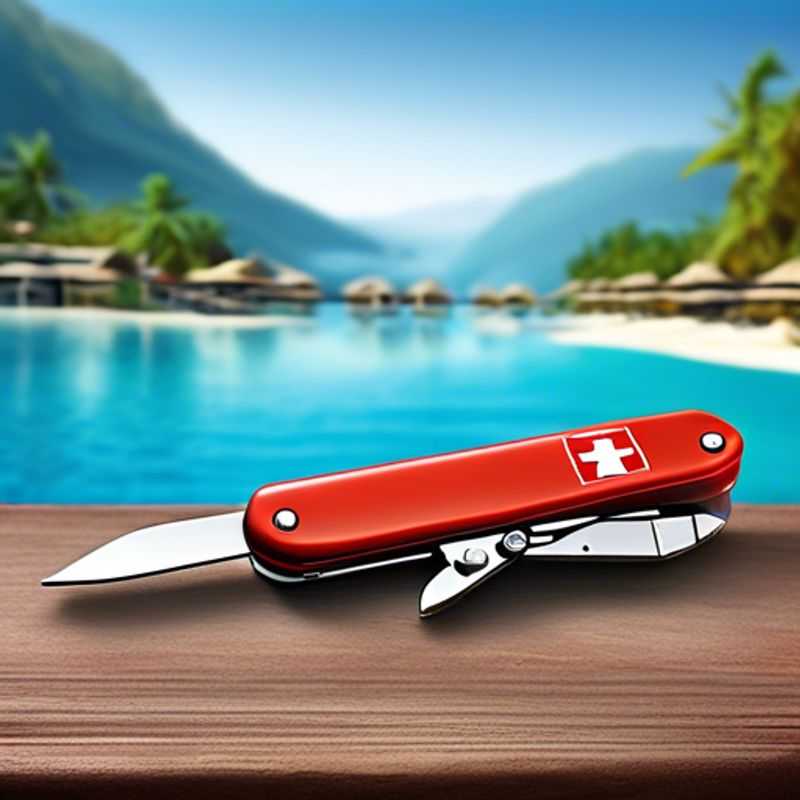 A versatile multi-tool or Swiss Army Knife displayed against a rustic wooden background, showcasing its various functions and tools, symbolizing practicality and adventure for outdoor enthusiasts.