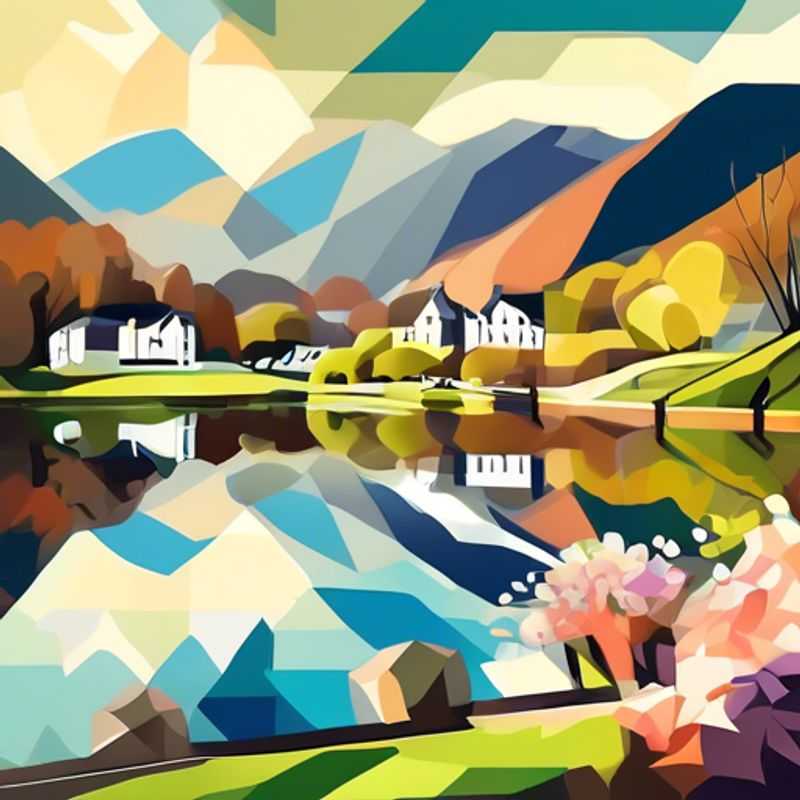 A joyful family with children exploring the stunning landscapes of the Lake District, UK, in their cozy caravan trailer, surrounded by blooming spring flowers and serene lakes during their 3-week adventure as The Social Media Traveler.