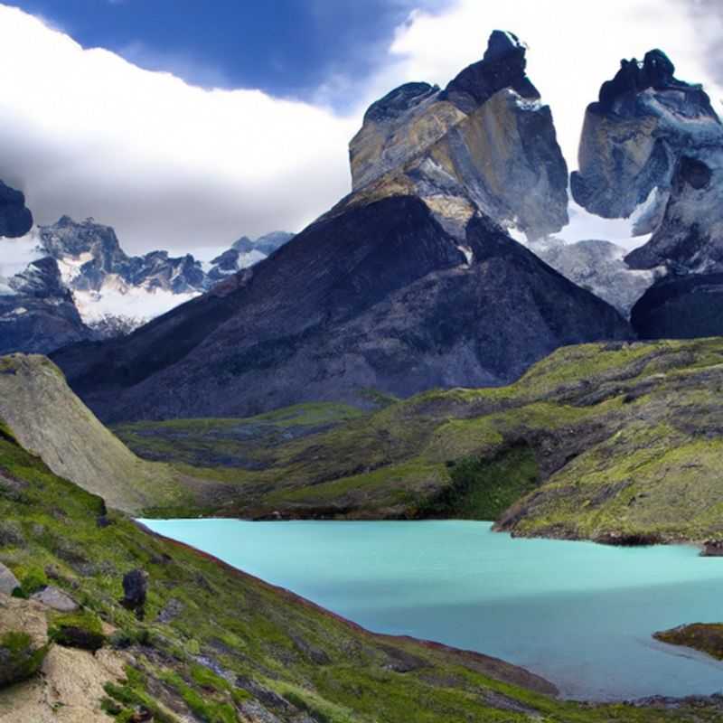 A solitary hiker traversing the breathtaking W-Trek in Torres del Paine, Chile, surrounded by the towering granite spires of the Paine Massif and vibrant spring wildflowers, embarking on a 4-day adventure through Patagonia's pristine wilderness.
