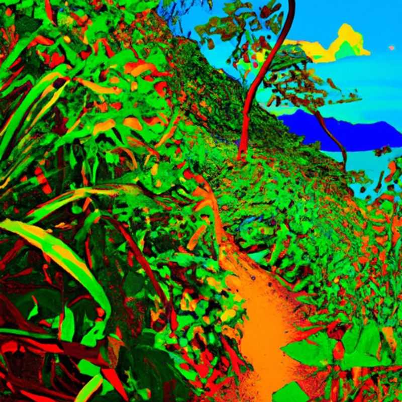 A lone adventurer embarks on a solitary journey along the breathtaking Kalalau Trail, Hawaii, USA, surrounded by lush greenery and rugged cliffs, seeking solace and rejuvenation during a 2-week springtime escape.