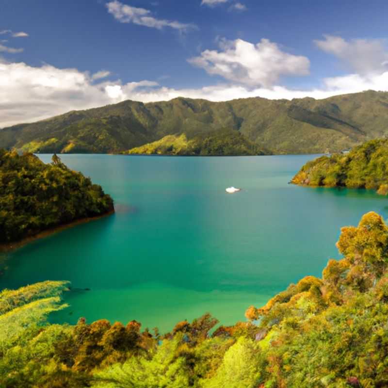 Solitary traveler traversing the breathtaking Queen Charlotte Track, a coastal walkway in New Zealand, immersed in the pristine beauty of the summer season, surrounded by lush native forests and tranquil turquoise waters.