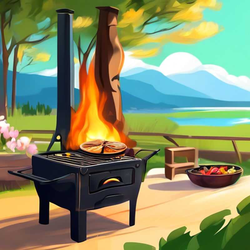 A close-up shot of a compact, portable outdoor cooking stove, showcasing its lightweight design and various features like adjustable flame control and a wind-resistant shield.