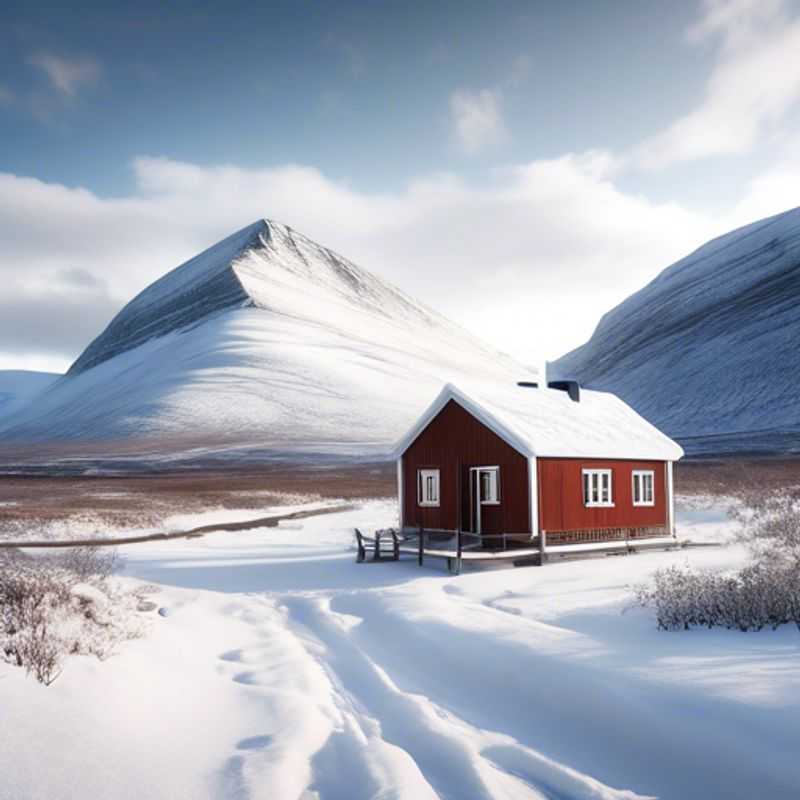 A couple of remote-working digital nomads cozying up in their caravan trailer against the stunning winter landscape of Kungsleden, Sweden, surrounded by snow-covered mountains and the shimmering northern lights, as they embrace a week of adventure and festival vibes.