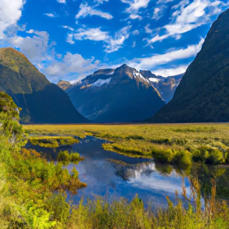 A solitary figure stands amidst the awe-inspiring grandeur of Milford Track, New Zealand, during a 2-week winter trek. Snow-capped peaks pierce the heavens, while crystal-clear waters reflect the pristine beauty of the surrounding wilderness, inviting the traveler to embrace the solitude and tranquility of this breathtaking landscape.